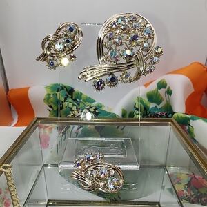 Vintage Coro Brooch & Clip Earring Set With AB Rhinestones